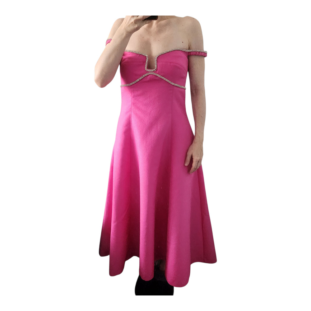 Self-Portrait Hot Pink Off-Shoulder Midi Dress with Beaded Trim